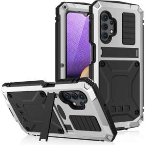 Compatible for Samsung Galaxy A32 5G Metal Case,Heavy Duty Dust Proof Military Grade Rugged Case with Sliding Camera Cover and Built-in Foldable Kickstand with Full-Body Bumper Cover (Silver)