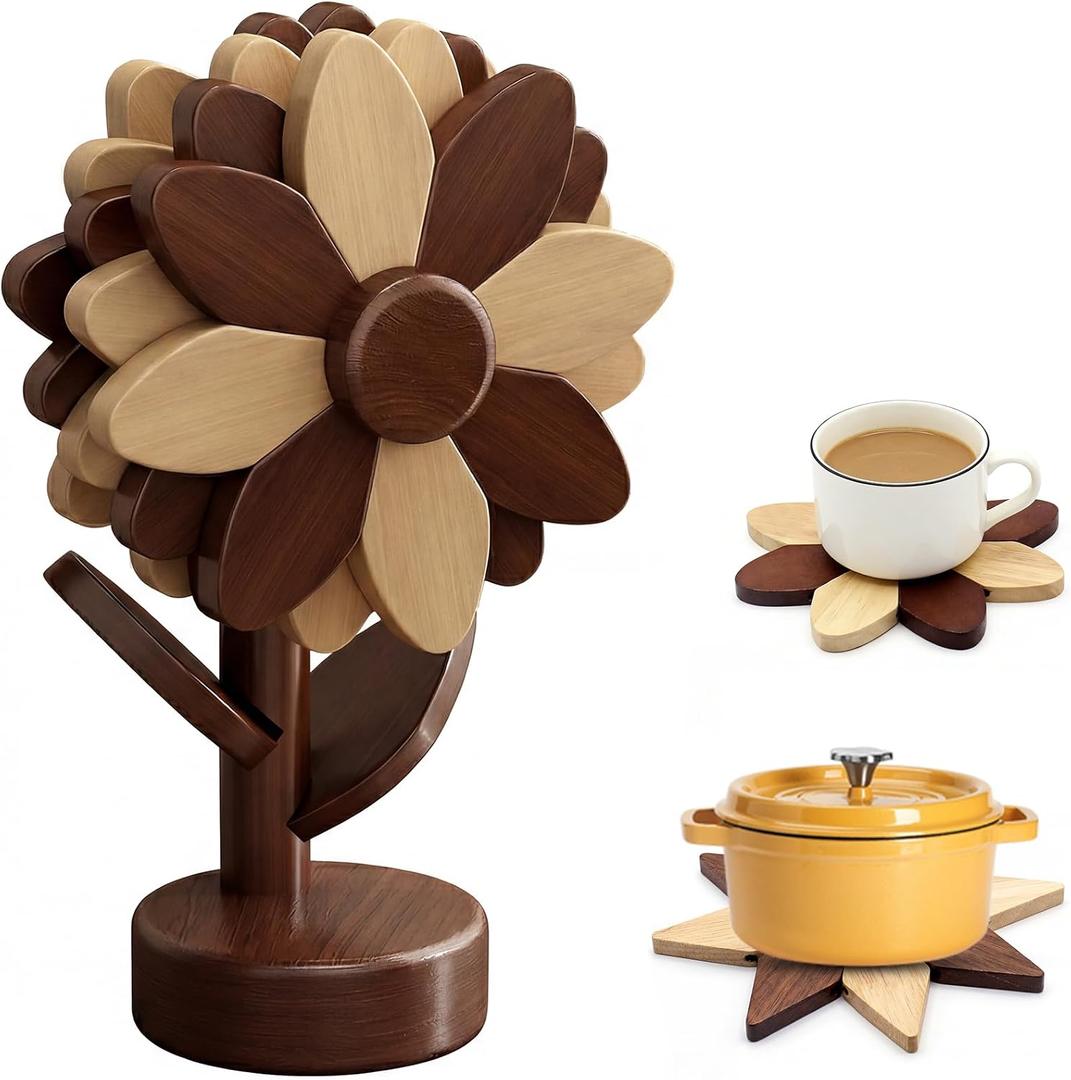 Sunflower Kitchen Decor, 5 Wooden Trivets for Hot Dishes with Tree Stand, Flower Coasters, Farmhouse Hostess Gift, Functional Sunflower Decor for Countertop & Table(Walnut & Beech Wood)