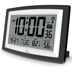 WallarGe Atomic Clock with Indoor Temperature and Humidity, 12.5 Inch Self-Setting Digital Wall Clock or Desk Clock, Battery Operated Digital Clock Large Display for Seniors, Auto DST