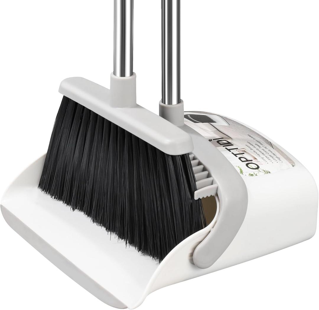 OPTTIDI Broom with Dustpan Combo Set, Hand Broom and Dustpan Set for Sweeping Indoor Angle Broom for Home Office Kitchen Lobby Floor Pet Hair Indoor&Outdoor Cleaning (White&Gray)