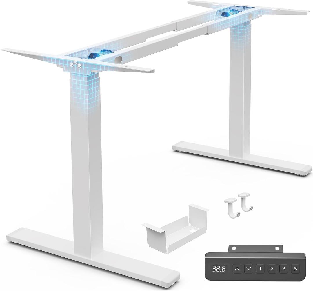 Huuger Dual Motor Electric Standing Desk Frame, Sit Stand up Desk Leg for 47.2 to 86.6 Desktop, Computer Desk Leg with Cable Tray, 3 Memory Height Presets, 2 Hooks, White Frame Only, 33.09" L X 5.51" W X 28.4" - 46.5" H