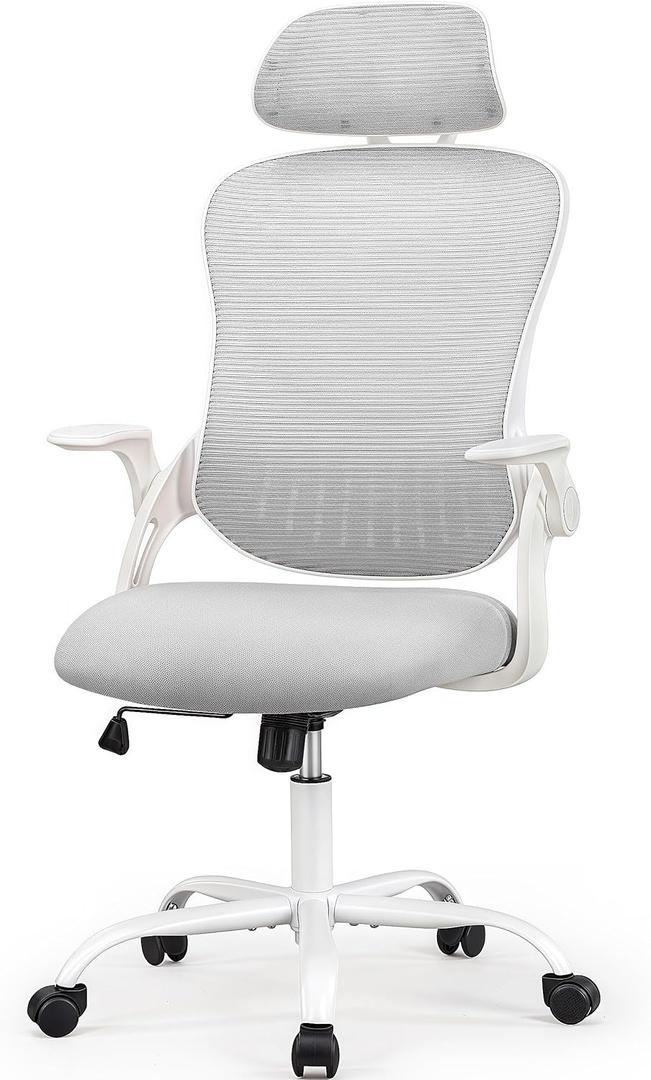 Office Chair with Adjustable Headrest, Desk Chair with Wheels for Home Office, Bedroom, Gaming, Grey