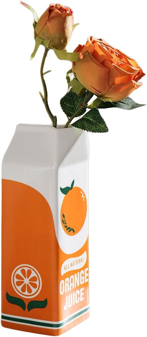 Ceramic Orange Juice Vase, 8.7-Inch Tall Modern Flower Vase with Unique Simulated Beverage Carton Design, Eclectic Vases for Flowers, Round Aesthetic Table Decor Art Vase