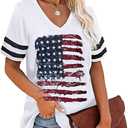 Women's V-Neck Short Sleeve Basic Patriotic American Flag Star Red White Blue Holiday Shirts (White, L)