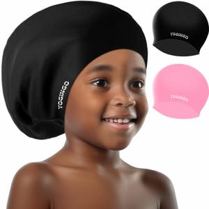 Extra Large Swim Cap for Kids - Silicone, Swim Cap for Long/Short Hair and Braids/Dreadlocks, Girls/Boys 6-14 (Medium, 2 pack black + pink)