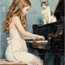 Musical Melody Paint by Numbers Kit for Adults - DIY Girl Playing Piano with Cat Painting on Canvas 16x20In, Framed Acrylic Paint Set, Suitable for Beginners, Art for Home Decoration or Gifts