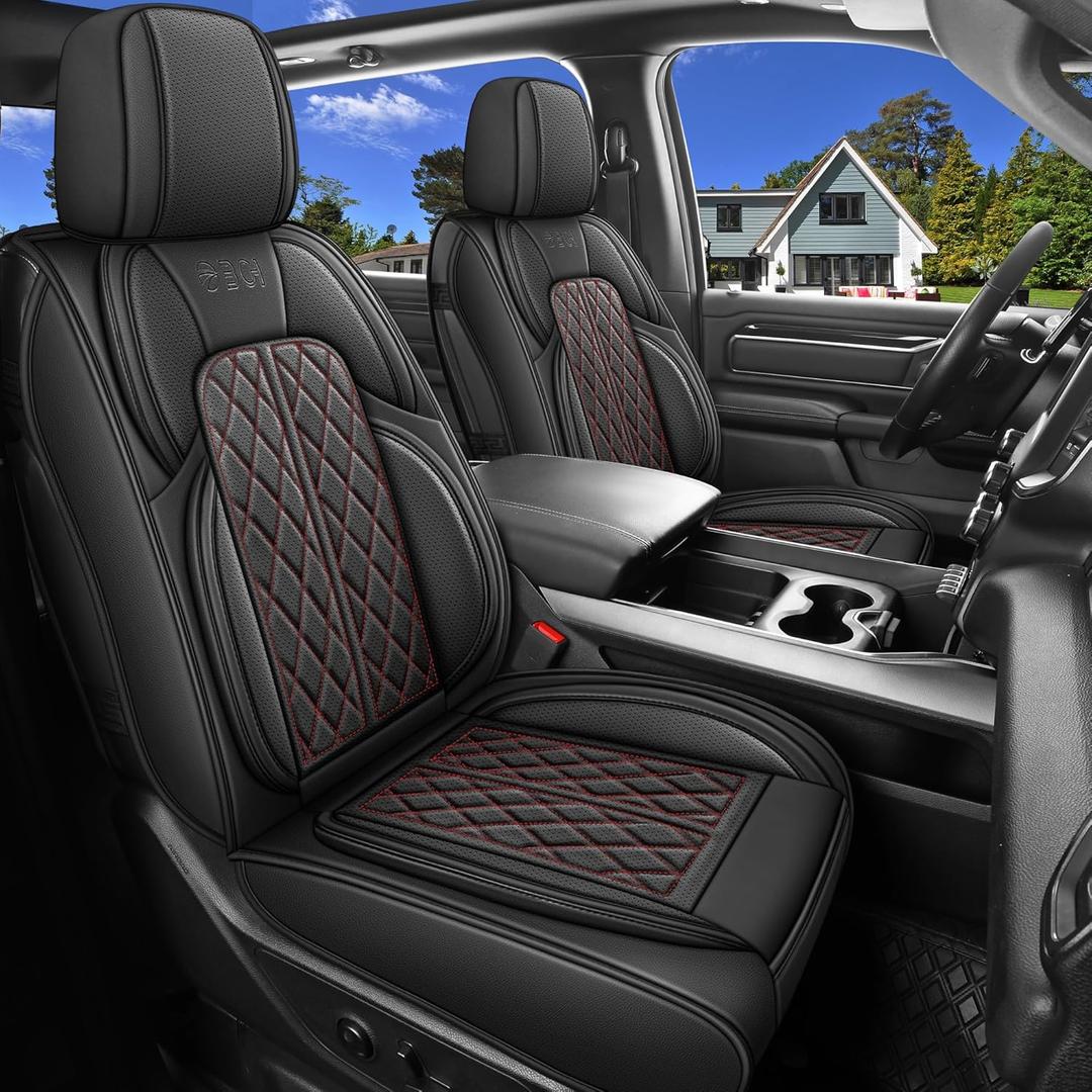Car Seat Cover Custom Fit for Dodge Ram 1500 2500 3500 2002-2025 Faux Leather Seat Cover Set Compatible with Crew Quad Regular Cab Pickup Truck Cushions (Black Redline, Full Set, Flat Rear)