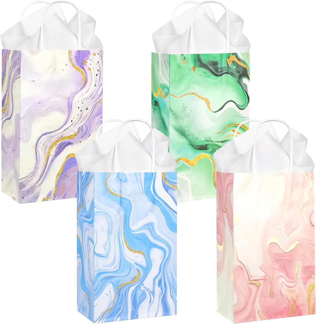 36 Pack Small-Sized Marble Pattern Paper Gift Bags with Handles (Pink, Blue, Purple, Green, Gold Accents) and 36 White Tissue Paper for Weddings, Bridal Showers, Small Business, 9x5.5x3.15 Inch