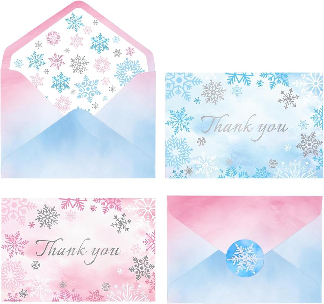 NEWEST 24 Pieces Winter Thank You Cards, Pink Blue Snowflake Greeting Card with Envelopes & Stickers Silver Foil Blank Note Cards for Wonderland Frozen Birthday Wedding Baby Shower, 4 x 6 Inch
