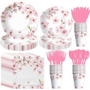 APOWBLS Cherry Blossom Flowers Party Decorations Tableware, Cherry Blossom Party Supplies For Birthday, Baby, Bridal Shower, Plate, Cup, Napkin, Cutlery, Spring Floral Table Decorations, Serves 24