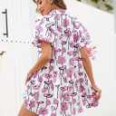 Women's Summer Short Puff Sleeve Floral Dress Button Down Loose Fit Casual Shirt Dresses (Pink, L)