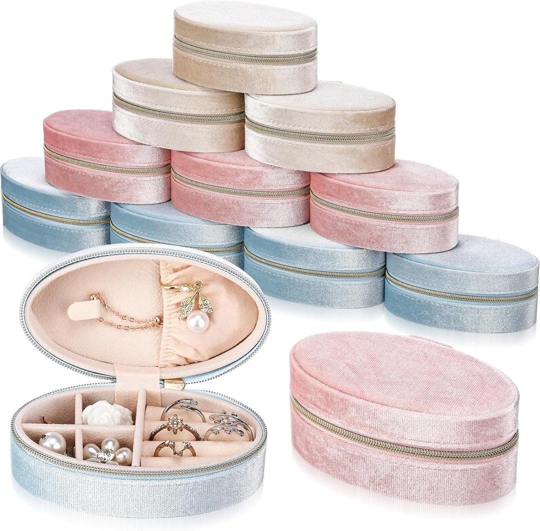 Kenning 12 Pcs Small Velvet Travel Jewelry Box Mini Jewelry Case Portable Organizer Pouch Bridesmaid Proposal Gift for Women (Oval)