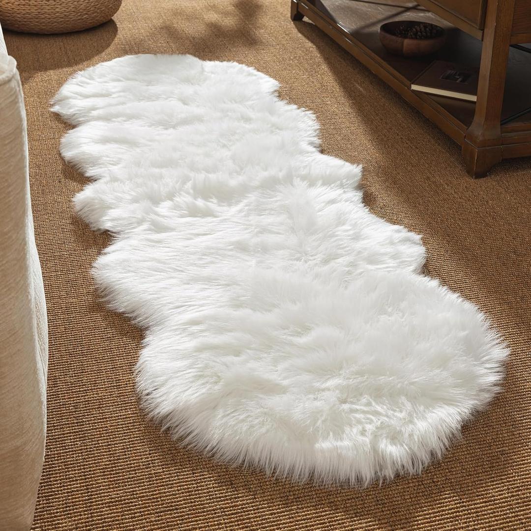 Ashler Faux Fur Rug, White Area Rugs, Fluffy Sheepskin Fur Rug, Fuzzy Ultra Soft 2 x 6 Ft Rugs, Machine Washable Shag Rug, Nursery Throw Rugs for Bed, Living, Kids Room