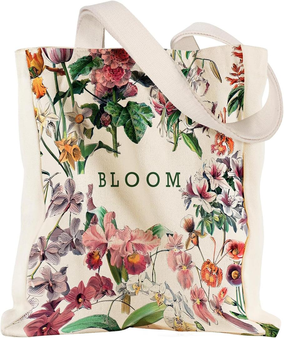 5 x Aesthetic Heavy Canvas Tote Bag with Pocket for Women, Cloth Gusseted Totes Bag with Pattern for Shopping (Bloom)