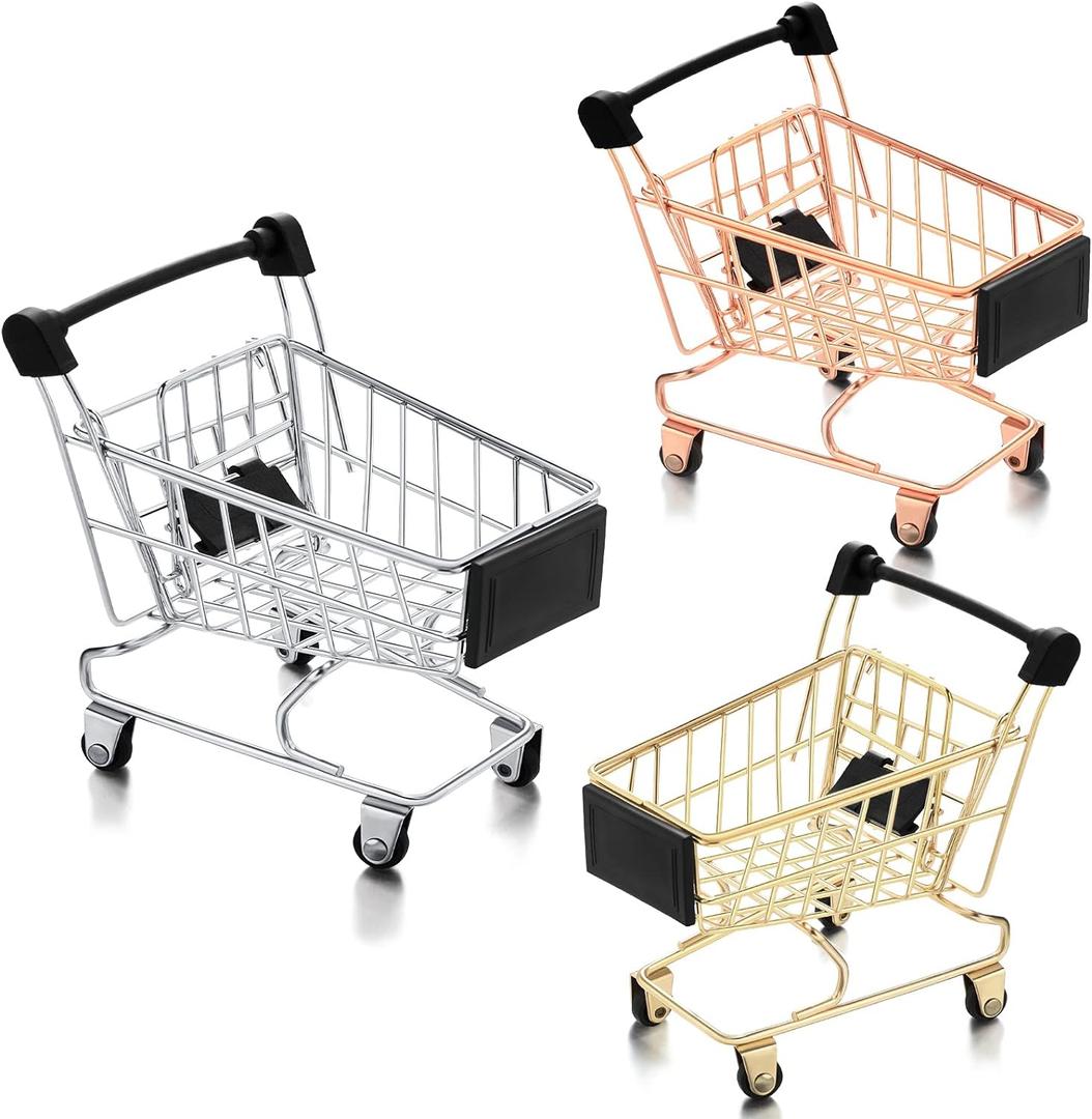 Hotop 3 Pieces Mini Shopping Cart Small Supermarket Cart Metal Shopping Utility Toys for Mode Desk Storage Decor (Sliver,Gold,Rose Gold)