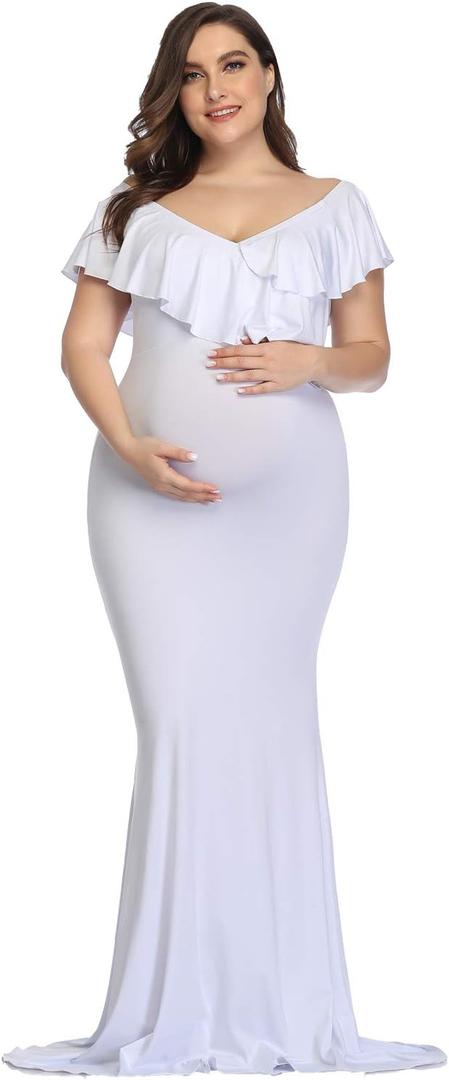 YnimioAOX Maternity Long Dress Ruffles Elegant Maxi Photography Dress Stretchy Slim Gowns for Photoshoot (White), XL YnimioAOX Maternity Long Dress Ruffles Elegant Maxi Photography Dress Stretchy Slim Gowns for Photoshoot (White), XL