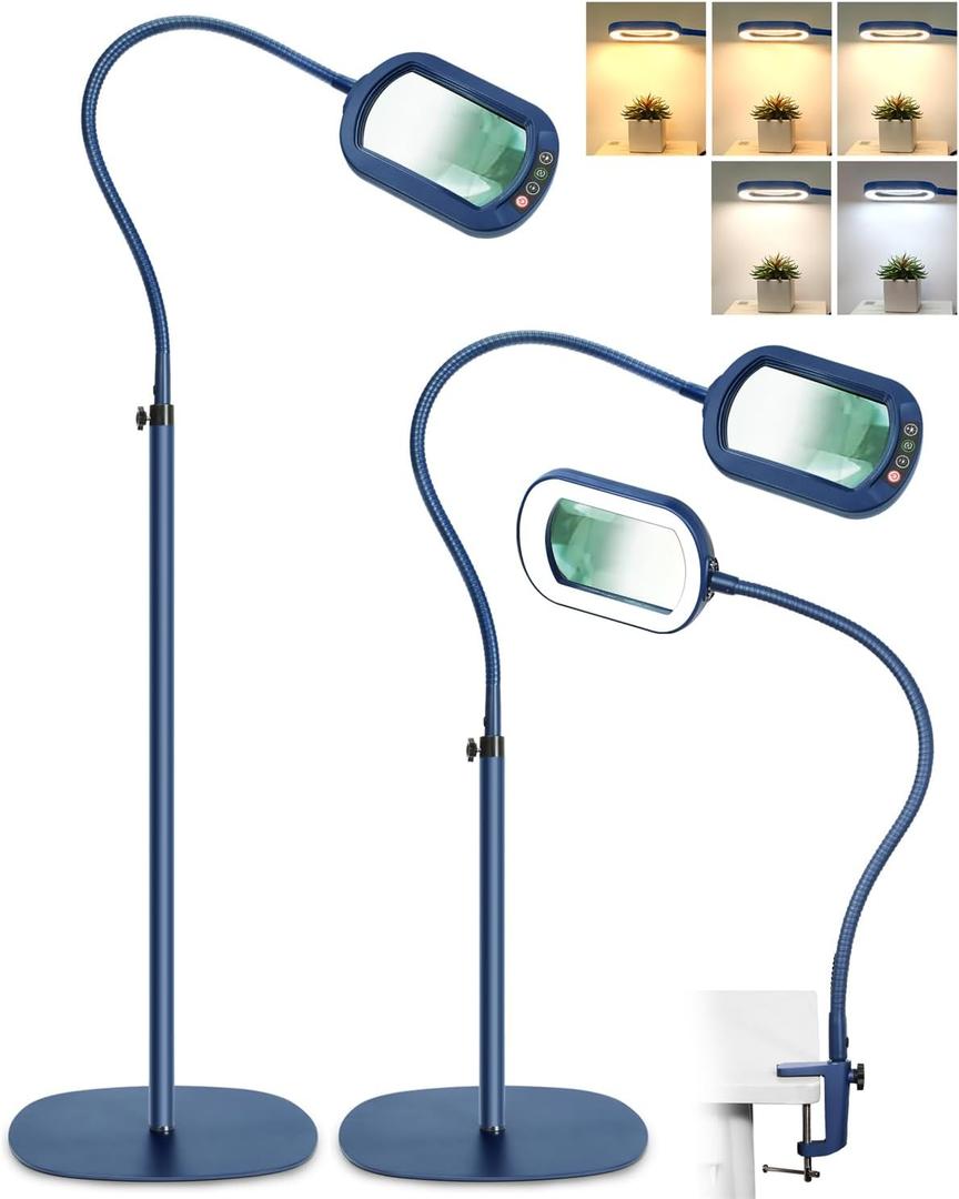 10X Rectangle Magnifying Glass with Light and Stand, 24" Flexible Gooseneck 3-in-1 Floor Lamp, 5 Color Modes Stepless Dimmable, LED Lighted Hands Free Magnifier for Reading Painting Close Work - Blue