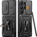 Armor Compatible for Samsung Galaxy S25 Ultra Case with Camera Cover & Stash Stand, 4X Military-Grade Drop Protection, Shock-Absorbing Rugged Defender (Black)