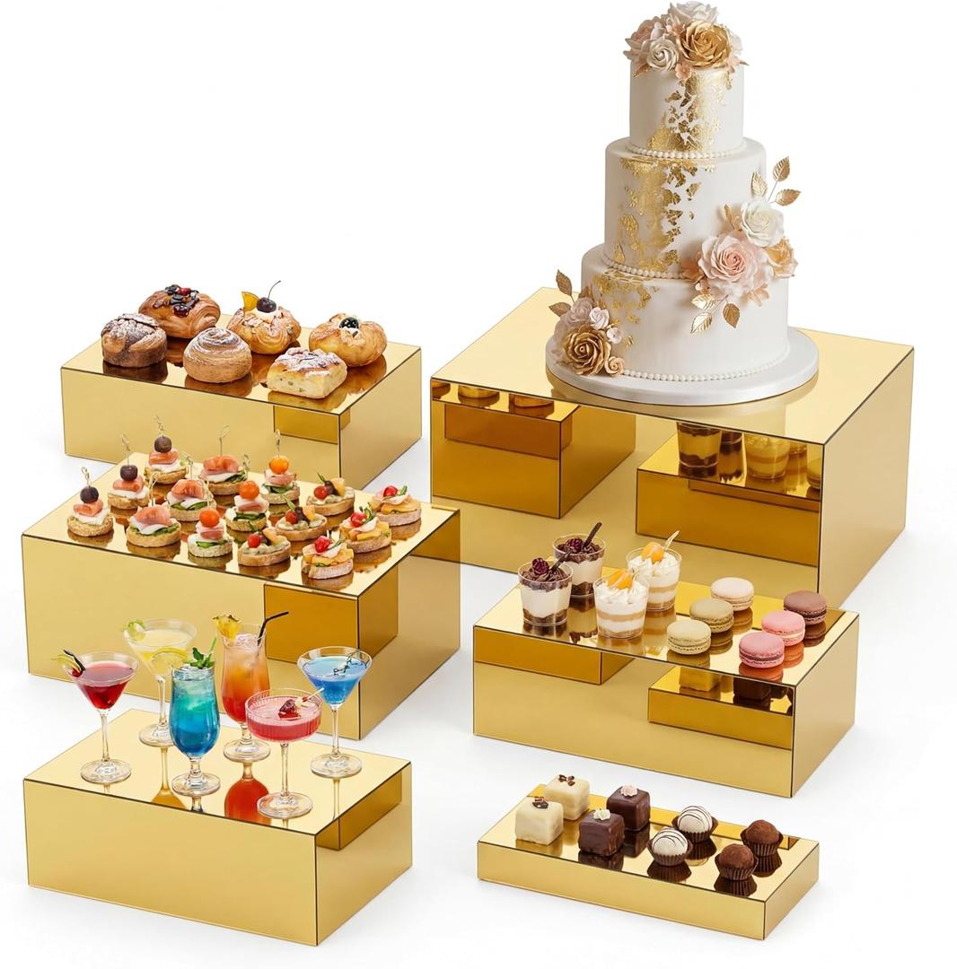 Leinuosen 6 Pcs Acrylic Buffet Risers Stands for Food Display Cubes Box, 7 to 12 Inch Rectangle Catering Table Dessert Decor for Wedding Brunch Setup Party Jewelry Collectibles, Hollow Bottom (Gold)