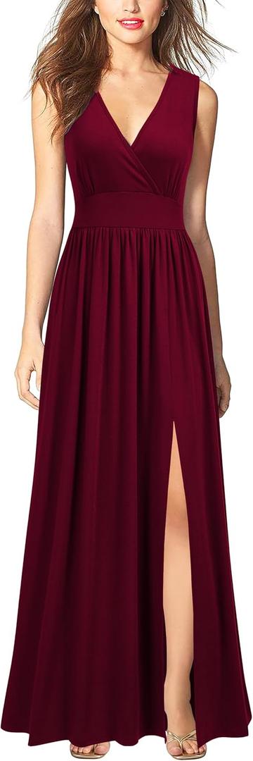 WOOSEA Women Sleeveless Deep V Neck Split Loose Sexy Plain Long Maxi Casual Dress, XXL