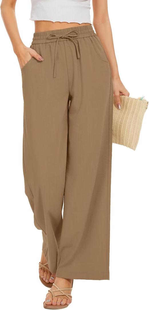 KICZOY Women Flowy Pants Drawstring Waist Wide Leg Palazzo Beach Pants Loose Fit with Pockets (Beige, XS)