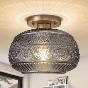 Semi Flush Mount Ceiling Light Fixture, 11" Vintage Gold Hallway Lights Fixture Ceiling with Grey Glass for Kitchen, Hallway, Bathroom and Entry Way,Compatible with E26 Light Bulb