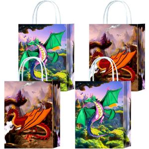 16 Pieces Dragon Goodie Bags for Birthday Party Supplies, Dragon Gift Snacks Treat Candy Favor Bags with Handle for Kids Adults Party Decorations