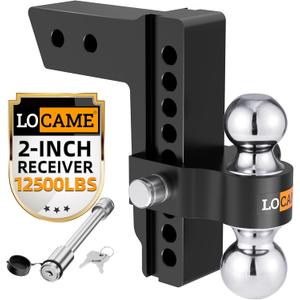 LOCAME Adjustable Trailer Hitch, Fits 2-Inch Receiver, 8-Inch Drop/Rise Aluminum Drop Hitch,12,500 LBS GTW-Tow Hitch for Heavy Duty Truck with Double Stainless Steel Locks, Black, LC0018
