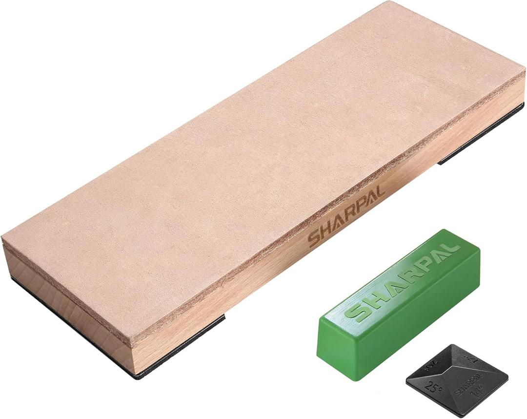 SHARPAL 204N Leather Strop (Genuine Cowhide) 8" x 3" Kit with 2 Oz. Polishing Compound & Angle Guide, Knife Stropping Block for Sharpening & Honing Knives, Straight Razor, Woodcarving Chisels