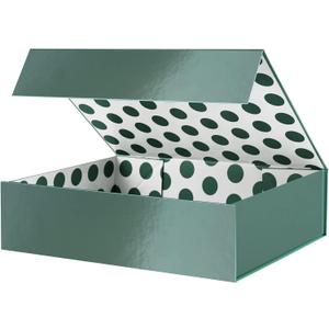 GREEN BEAN Gift Box 13x9.7x3.4 Inches, Large Green Gift Box with Lid for Presents, Magnetic Gift Boxes for Clothes, Shirt (Glossy Metallic Green, Dot Design Inside)