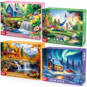 4 Packs 500 Piece Puzzles for Adults 4 Seasonal Landscape Puzzle Set Scenic House & Nature Jigsaw Puzzle, Colorful Adult Jigsaw Puzzles for Stress Relief, Family Fun, Mindfulness & Gifts