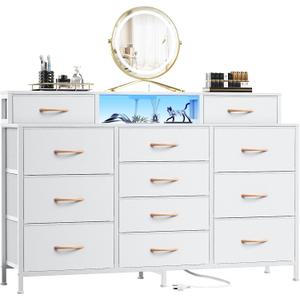 Furnulem White Dresser for Bedroom with LED Lights & Charging Station,55" Long Dressers & Chest of Drawers with 12 Storage Bins, Fabric Furniture for Closet,Hallway,2-Tier Shelf Wood Top,Metal Frame