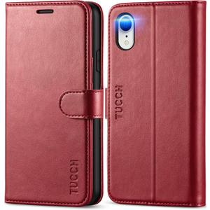 TUCCH Case Wallet for iPhone XR, Kickstand RFID Blocking Credit Card Slot PU Leather Folio Phone Cover with Wireless Charging [Shockproof TPU Shell] Compatible with iPhone XR 6.1, Dark Red