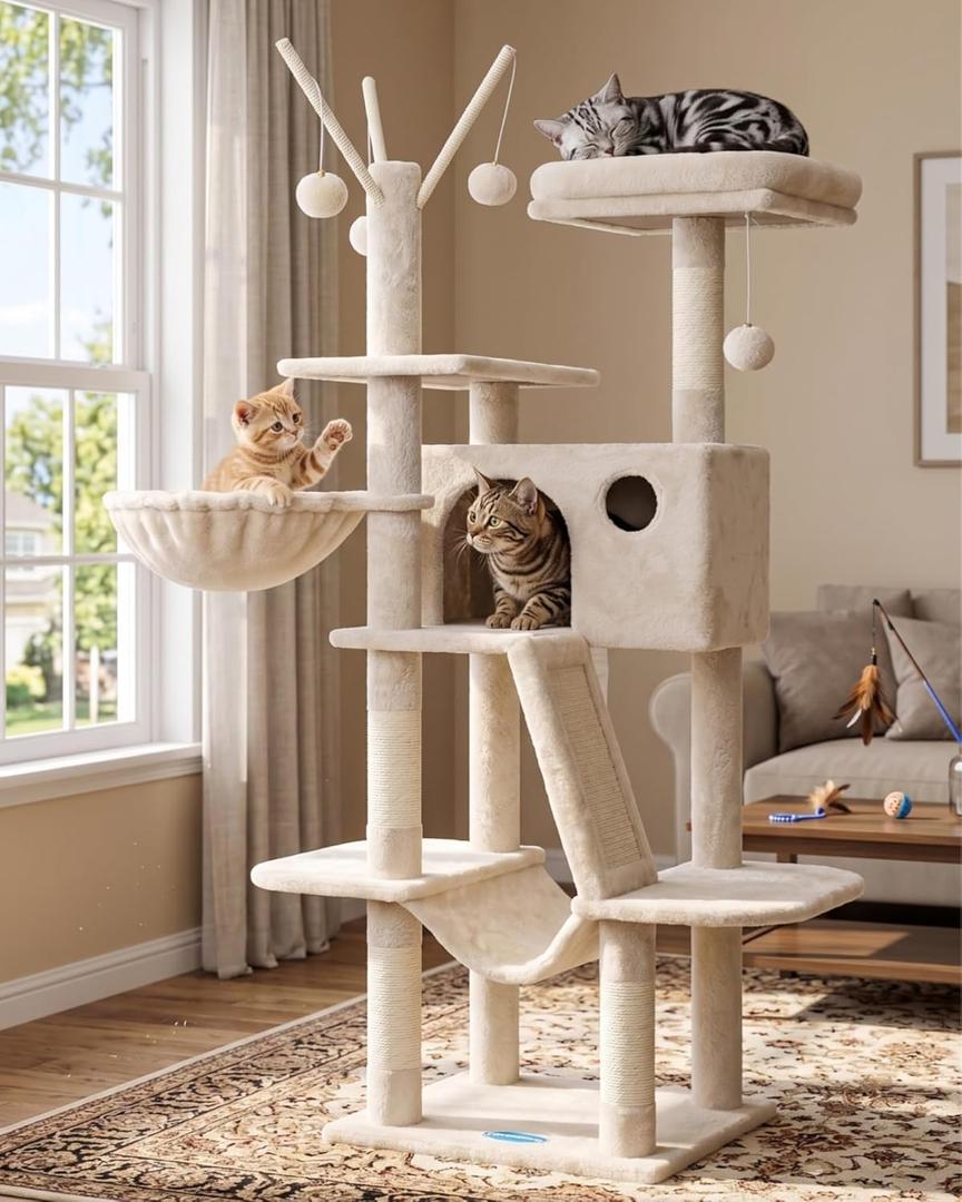Hey-brother Cat Tree, 53-inch Cat Tower for Indoor Cats, Cat House with Padded Platform Bed, Toy Balls, Large Cozy Condo, Hammocks and Sisal Scratching Posts, Beige MPJ019-SM