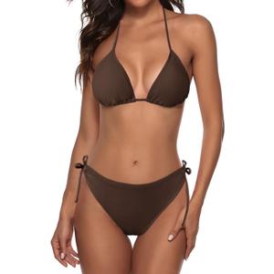 Zonsaoja Women String Bikini Set Halter Side Tie Two Piece Swimsuit Triangle Bathing Suits (Medium, Coffee)