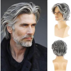 Men Short Layered Fluffy Natural Looking Synthetic Daily Costume Halloween Wigs (Gray)