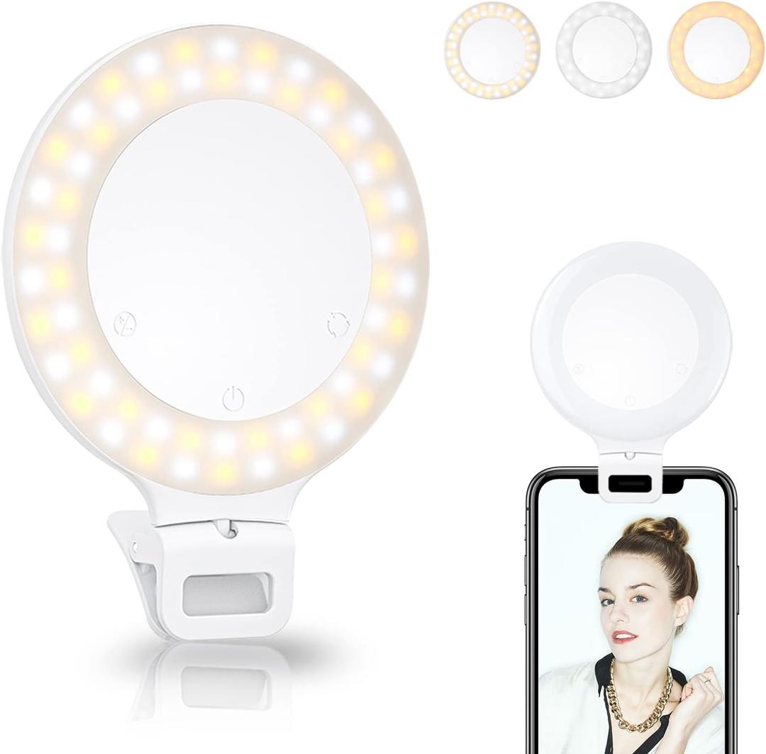 Selfie Ring Light, Clip on Ring Light Touch Control, Rechargeable 800mAh 60 LED Circle Light with 3 Light Modes for iPhone/Android Smart Phone Laptop Photography, Camera Video Recording, Vlog, TikTok