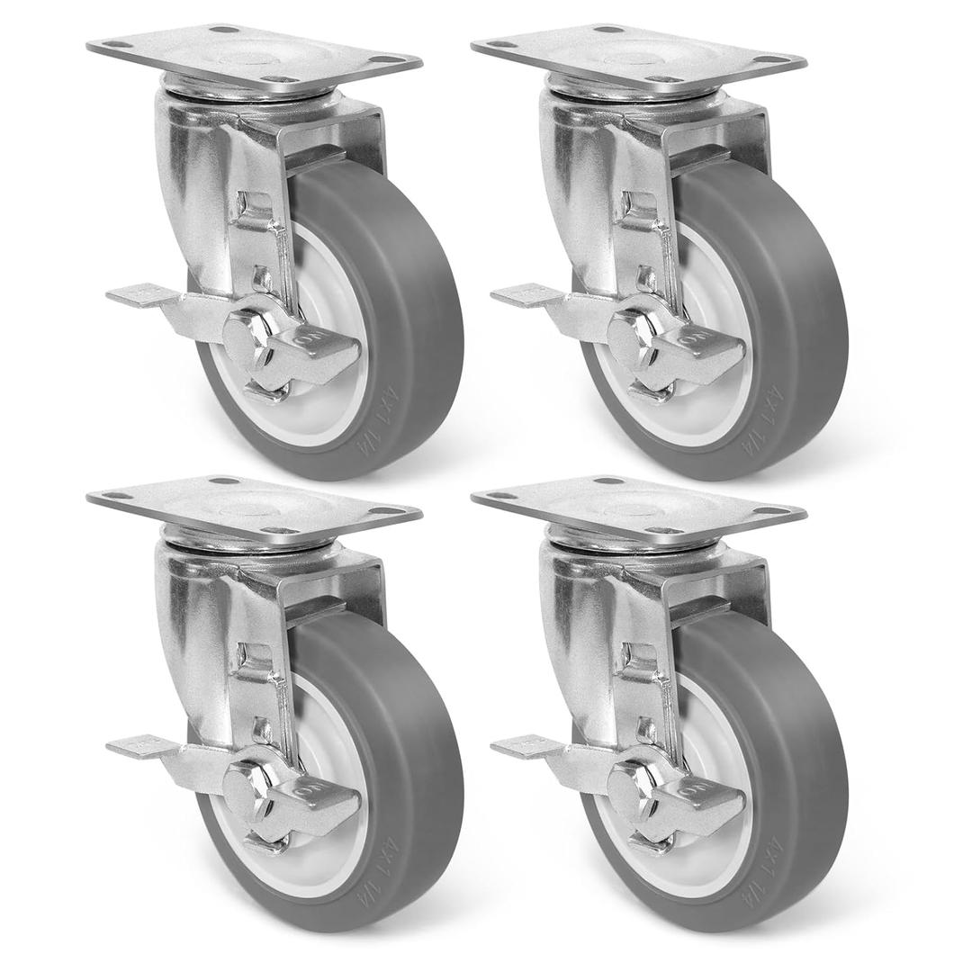 4 Inch Caster Wheels, Rubber Wheels Silent Castor- Set of 4 Heavy Duty Caster Wheels with Brake 1600Lbs, Industrial Plate Casters Wheels for Cart Furniture Workbench (4 Side Brake)