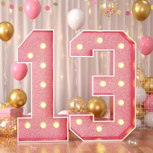 Paready 4FT Marquee 13 Numbers Rose Gold, Light Up Numbers 13 Pink 13th Birthday Decorations, Large Number 13 Light Up Foam Board for Girls 13th Birthday Party DIY Decorations Anniversary