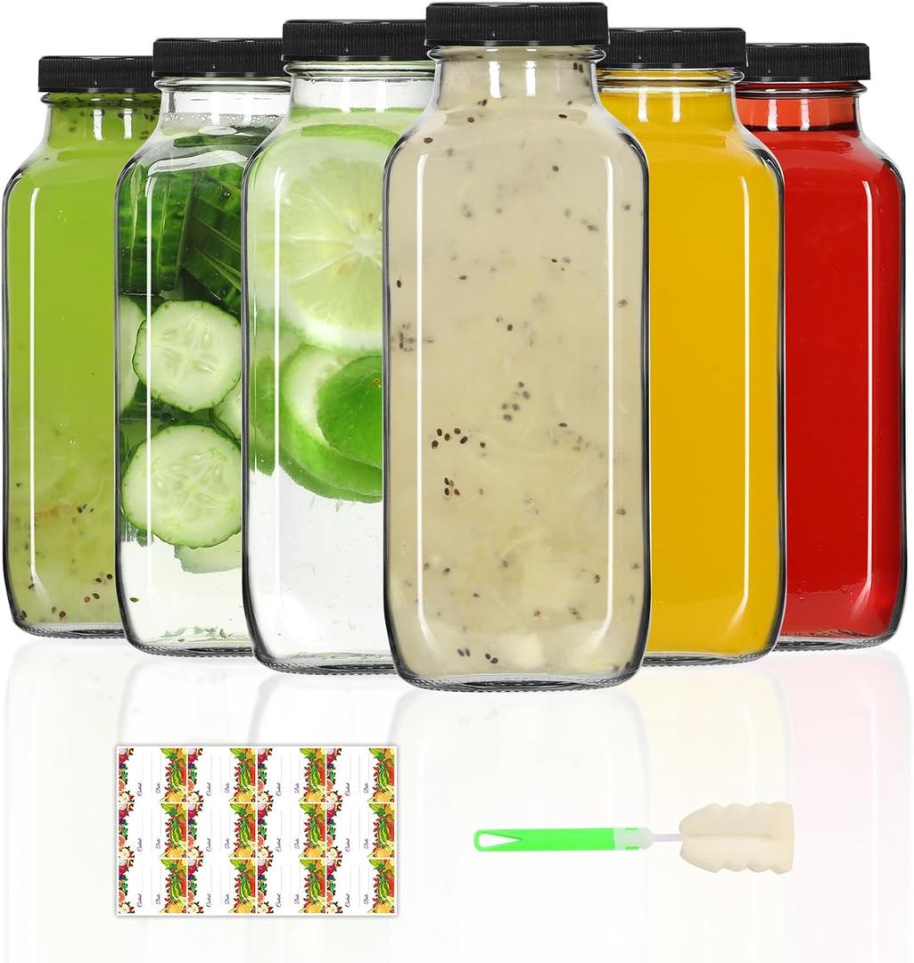 AuroTrends 12 oz Glass Bottles with Lids 6Pack, 360ml Glass Bottles for Juicing, Water, Kombucha - Portable Juicing Bottles Reusable for Juice/Coffee/Milk/Kombucha Storage