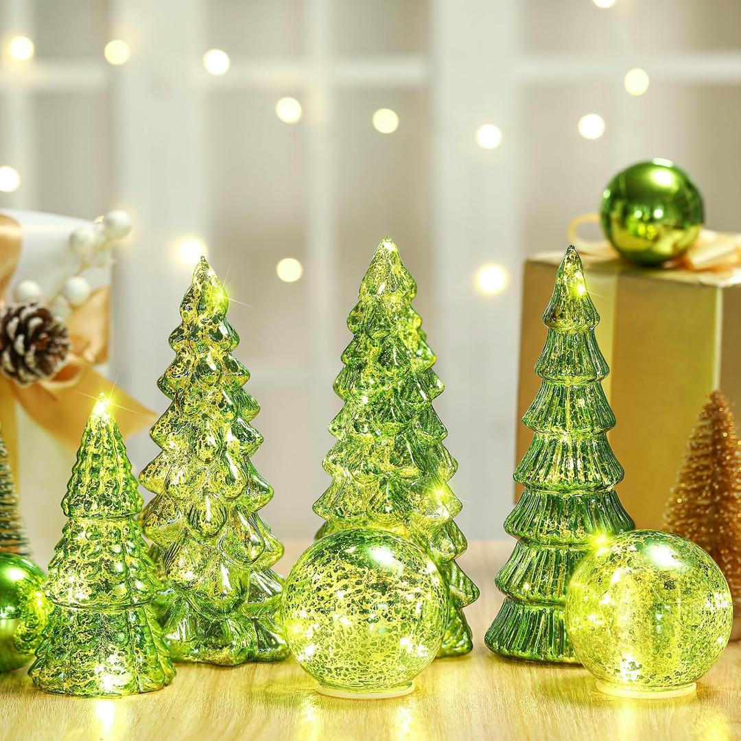 Syhood 6 Pcs Lime Green Mercury Glass Christmas Tree for Tabletop Light up Figurine Christmas Tree Mercury Cracked Glass Globe with Light for Xmas Decor Home Party Centerpiece Mantel Gift