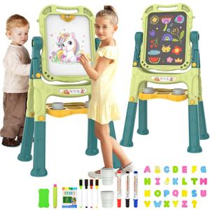 Art Easel for Kids, Adjustable Standing Rotatable Double Sided Easel with Painting Accessories, 4 in 1 Drawing Board for Toddlers, Birthday Christmas Gift for Little Boys Girls,Green
