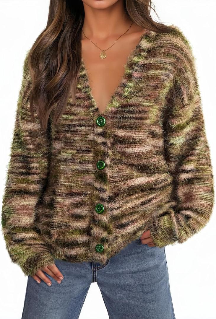 MEROKEETY Women's Fall Fuzzy Colorful Knit Cardigan Sweaters Winter Button Down Boho Casual Long Sleeve Outerwear Top (S)