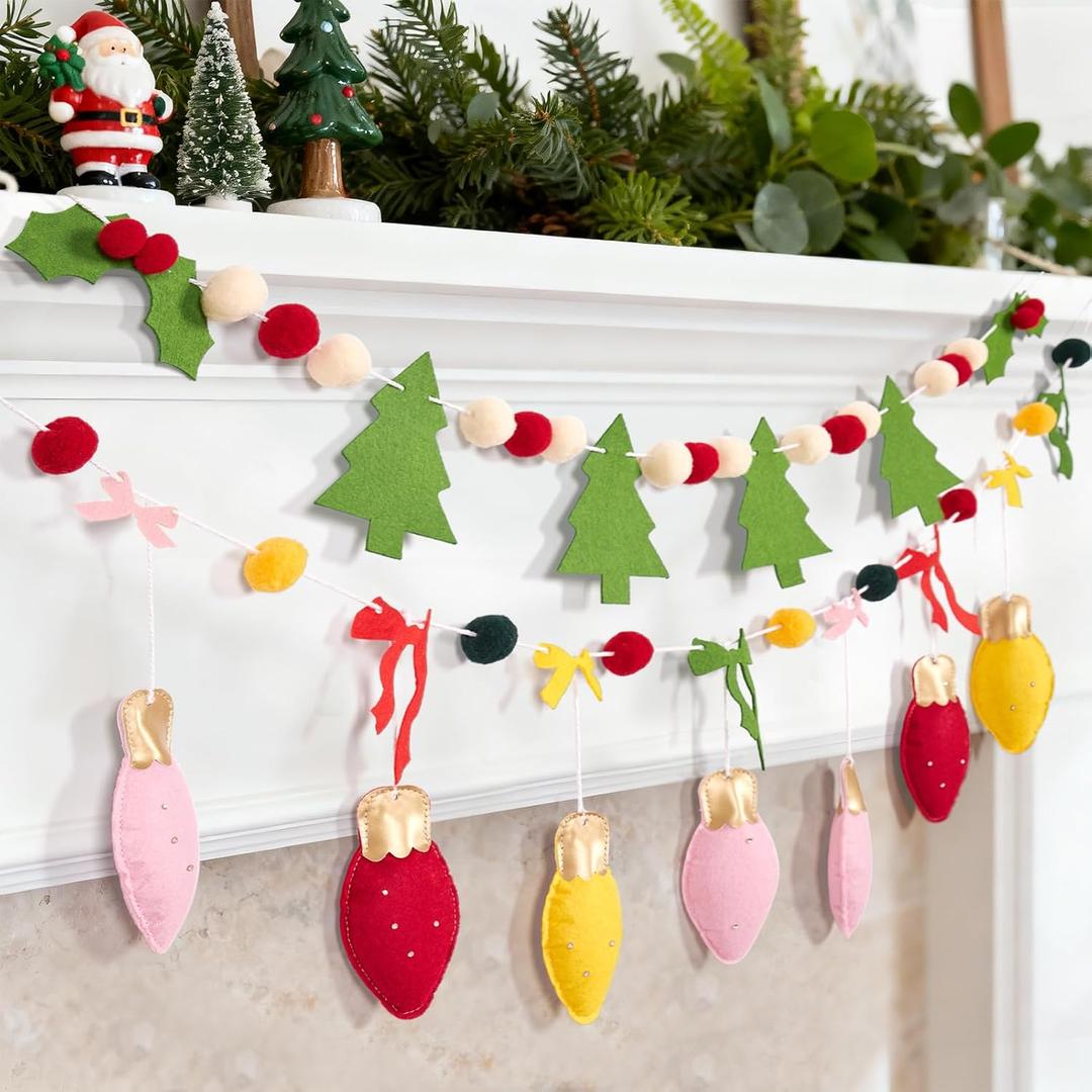 SUNBEAUTY Felt Christmas Garland, Pom Pom Garland Hanging Felt Balls Christmas Decorations, Red Green Christmas Ornaments Banner for Xmas Holiday Decorations, Indoor Outdoor Decor Home Party Supplies
