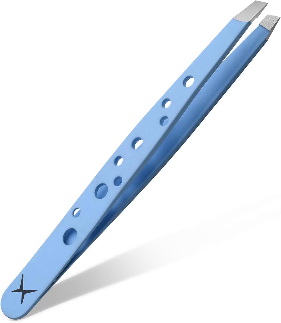 Premium Slant Tip Tweezers Handmade Japanese Stainless Steel, Ultra-Precise Hair Removal Tool for Brows, Ingrowns & Splinters Ergonomic 9-Hole Grip, Professional Salon Quality (Baby Blue)
