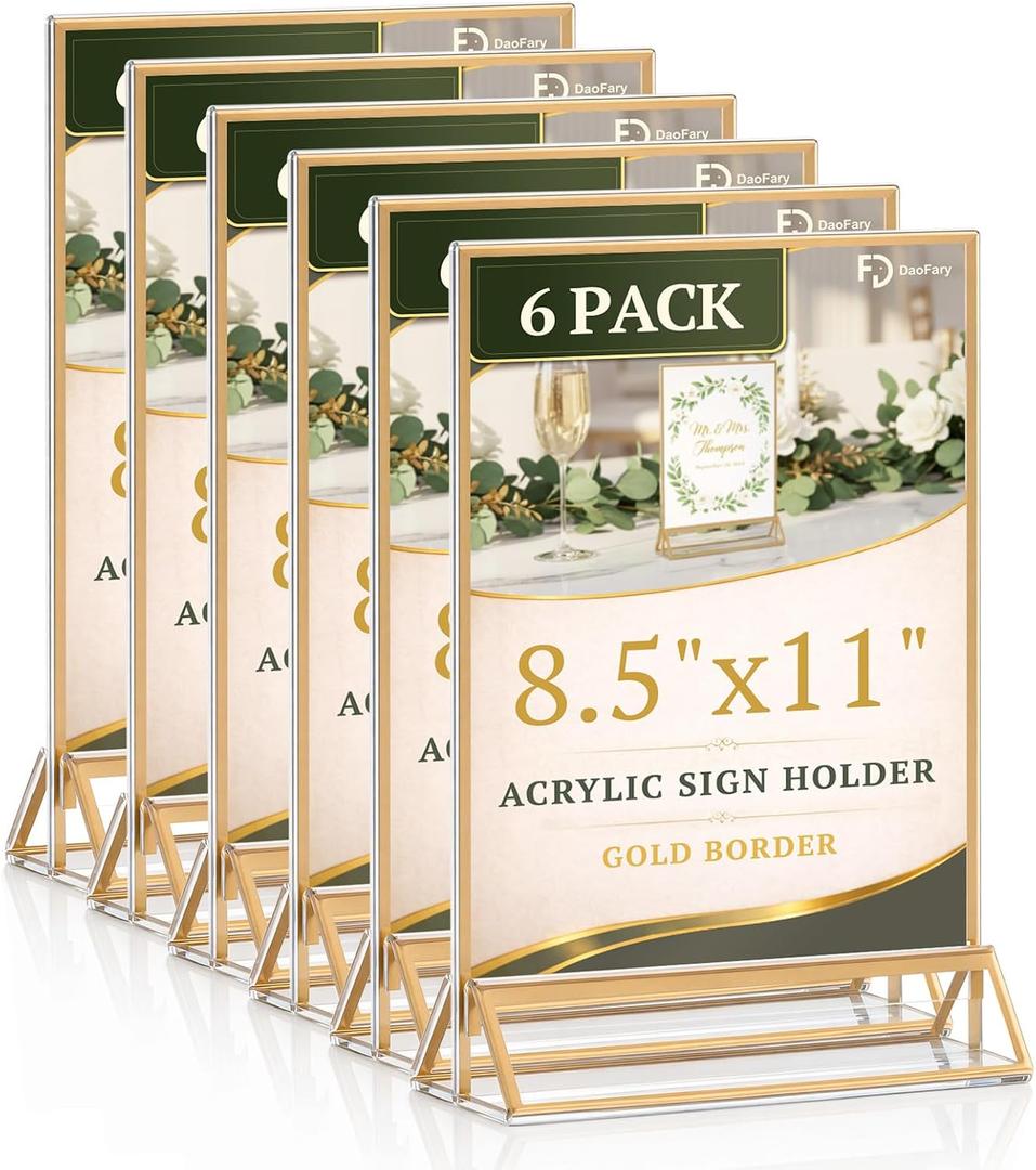 Daofary Acrylic Sign Holder 8.5x11, 6 Pack Double Sided Clear Gold Frame Tabletop Display, Menu Flyer Table Number Holder for Wedding Reception and Restaurant Tables