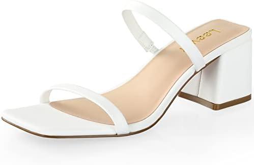 Leevar Square Toe Heeled Sandals for Women, Women's Low Block Heels Sandals, 2.25IN Open Toe Ankle Strap Chunky Heels, White Pu, 5 UK