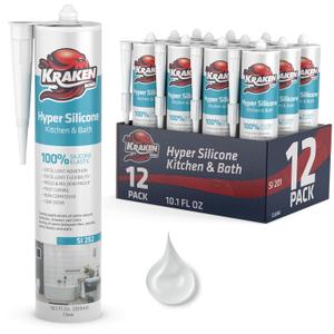 Pack of 12 Kraken Bond Hyper Clear Caulking Sealant - (12x10.1 Fl. Oz) Fast Curing 100% Silicone Neutral for Kitchen & Bathroom, Bathtub, Shower and Sink, Low Odor, Waterproof, Anti Shrink Caulking, 