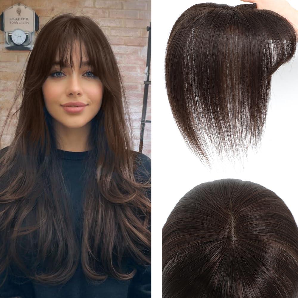Hair Toppers for Women Real Human Hair, 3D Cover Clip in Bangs Realistic Scalp Line Human Hair Toppers for Women with Thinning Upgrade Basement with Bangs (Mocha Brown, 3D Wispy Bangs 5x9)