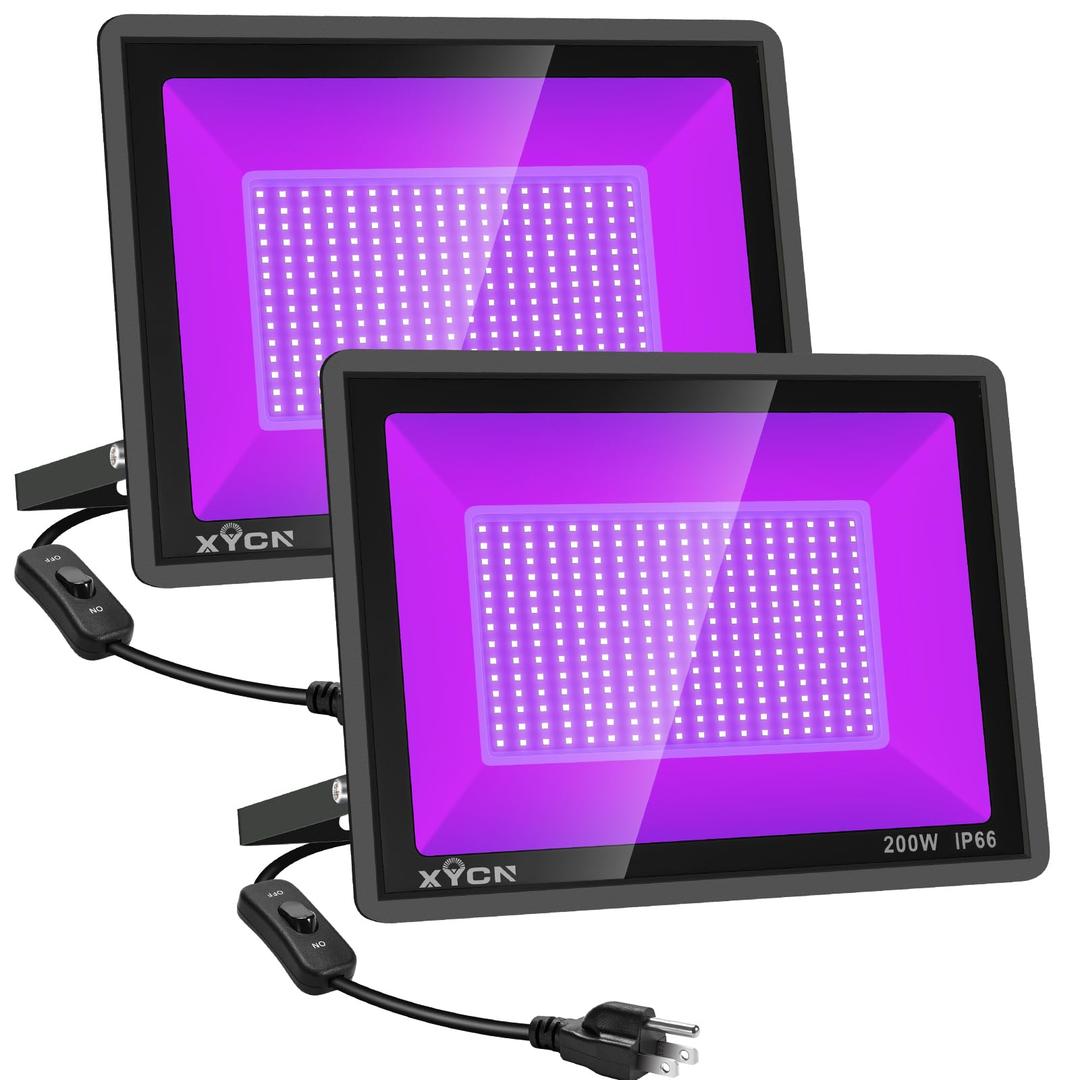2 Pack 200W LED Black Lights Outdoor, Flood Light with Plug, 395nm to 410nm IP66 Waterproof for Dance Party, Glow in The Dark, Stage Lighting, Body Paint, Fluorescent Poster, Neon Glow